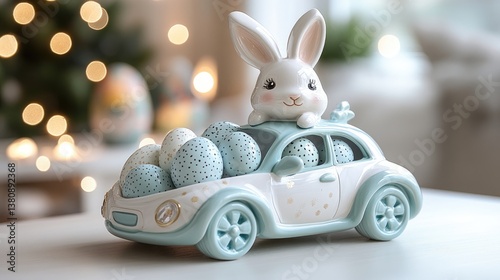 Close-up of a ceramic Easter bunny in a white car, surrounded by Easter eggs, on a table with soft lighting, set against a white background in a minimalist style
