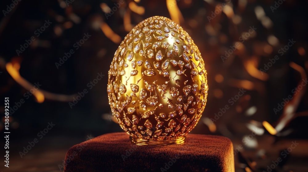 Gilded Egg Adorned with Jewels Resting on Velvet Surface