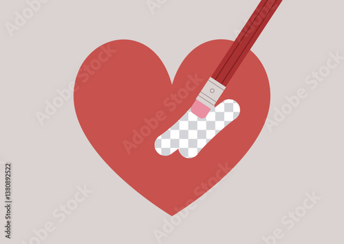 A pencil eraser gently fades a red heart, symbolizing love forgotten and wounds healed over time—reminding us that time erases pain and makes space for new beginnings