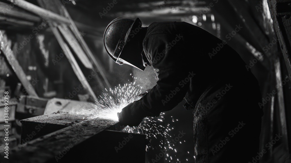 Monochrome depiction of a welder in action crafting with intense sparks showering around