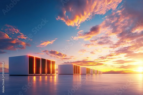 Futuristic data center skyline at sunset with vibrant clouds reflecting on water.