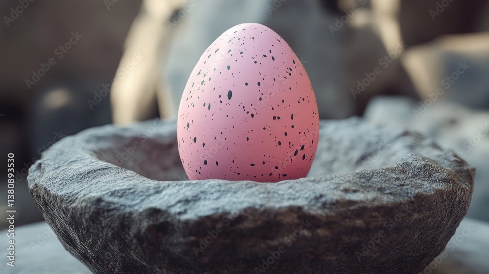 Speckled Pastel Easter Egg Resting in a Stone Bowl with a Rocky Background