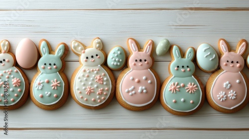White Wooden Background with Easter Gingerbread Cookies, Arranged with Bunnies and Eggs, Clean Layout for Design, Subtle Shadows for Depth
