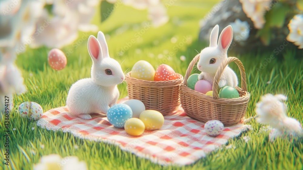 White Rabbits Having Easter Picnic with Painted Eggs on Grass