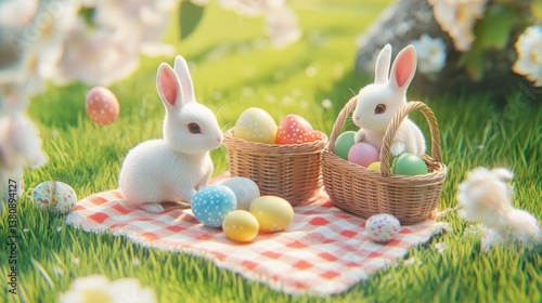 Obraz na płótnie White Rabbits Having Easter Picnic with Painted Eggs on Grass w salonie