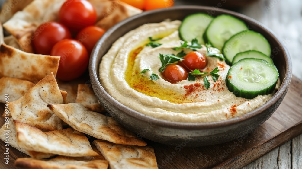 Delicious Hummus Platter with Cucumber and Pita Bread for Healthy Snacking