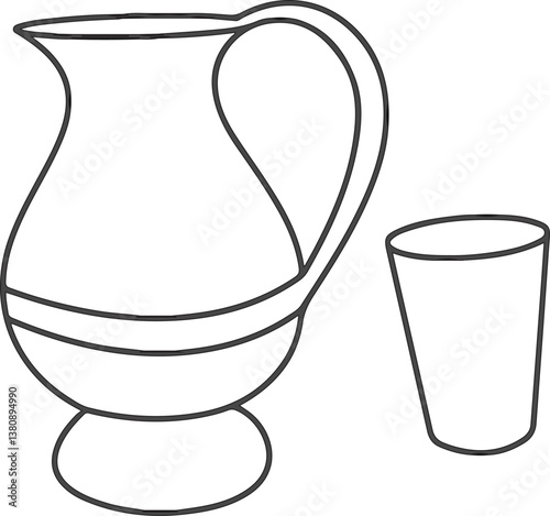 Drawing a continuous line Jug and glass on white isolated background Linear style