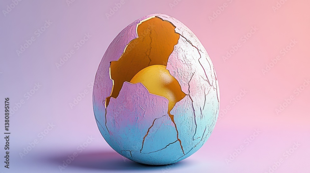Cracked Egg Revealing Gold Inside, Pastel Background, Artistic Still Life