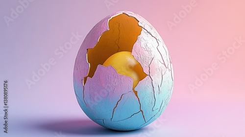 Obraz na płótnie Cracked Egg Revealing Gold Inside, Pastel Background, Artistic Still Life w salonie