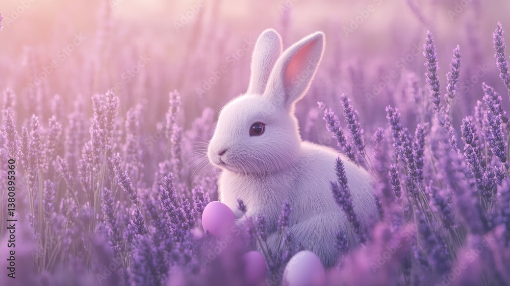 Rabbit Among Lavender Flowers with Pink Eggs During Springtime