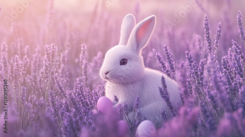 Obraz na płótnie Rabbit Among Lavender Flowers with Pink Eggs During Springtime w salonie