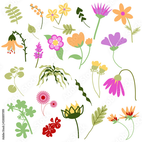 Set di fiori primaverili multicolore e foglie disegnato a mano libera, illustrazione per decorazioni, cartoline, pattern, Pasqua