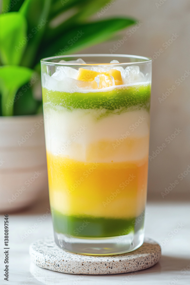 Refreshing layered drink with vibrant colors served with ice. A perfect summer cooler for everyone. Refreshing layered drink with vibrant colors served with ice. A perfect summer cooler for everyone.