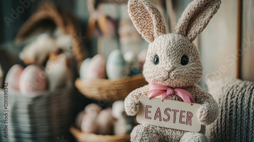 Modern and Minimalistic Easter Decor: A White Bunny with a Pink Ribbon, Holding a Light Pastel-Colored 