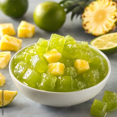 Tropical Delight: A refreshing bowl of vibrant, green jelly, studded with juicy pineapple pieces, alongside fresh limes and pineapple, perfect for a summer dessert.