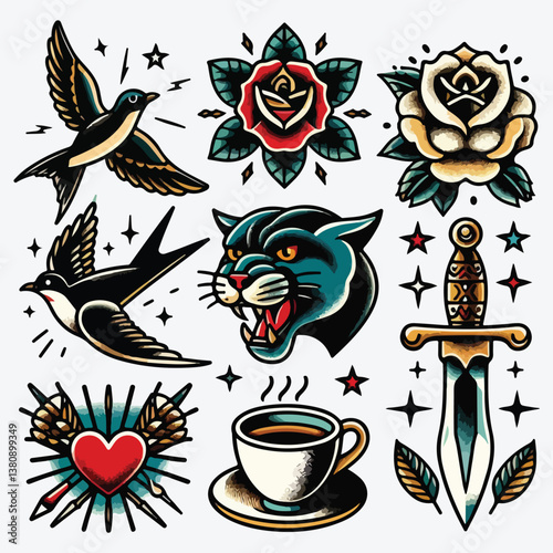 Old tattooing school colored icons set with swallow rose heart cup of tea knife head of panther.