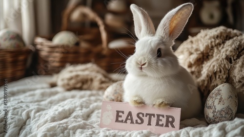Modern Wall Decor: A White Easter Bunny with a Pink Card Displaying the Word 