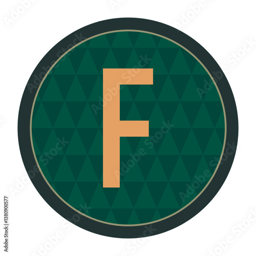 Luxurious gold letter F in a circular frame with dark green details and elegant borders, creating a standout element for designs that demand sophistication.