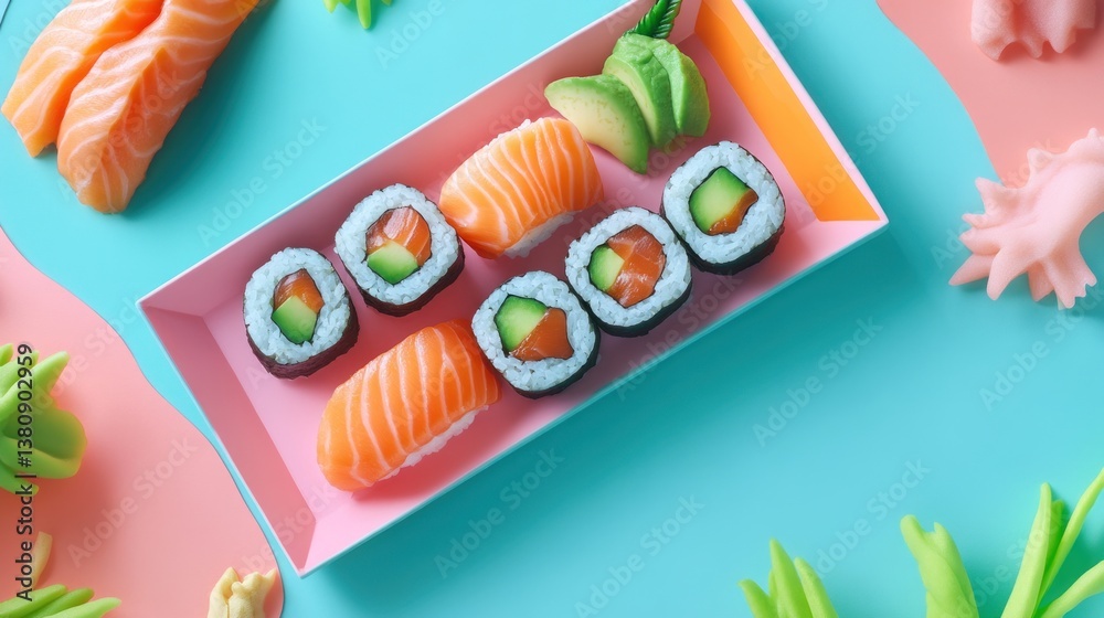 Vibrant assortment of Japanese sushi rolls and nigiri on a colorful platter