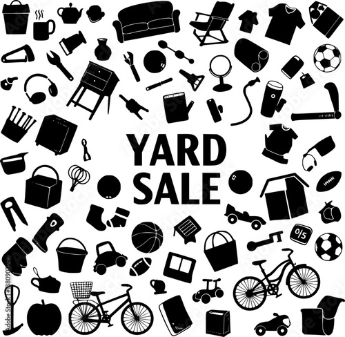 Yard sale vector silhouette banner with assorted household and sport items. vector set