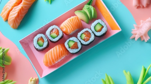 Obraz na płótnie Vibrant assortment of Japanese sushi rolls and nigiri on a colorful platter w salonie