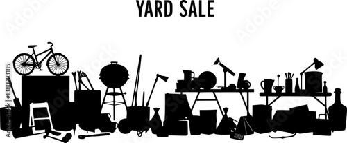 Yard sale vector silhouette banner with assorted household and sport items. vector set