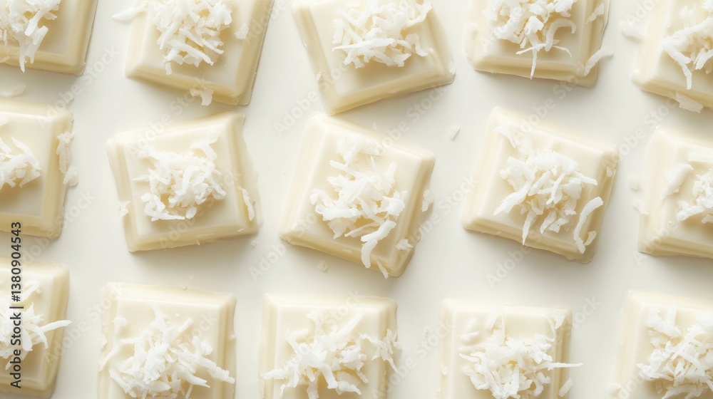 White Chocolate Candy With Coconut Topping On White Background. Food.