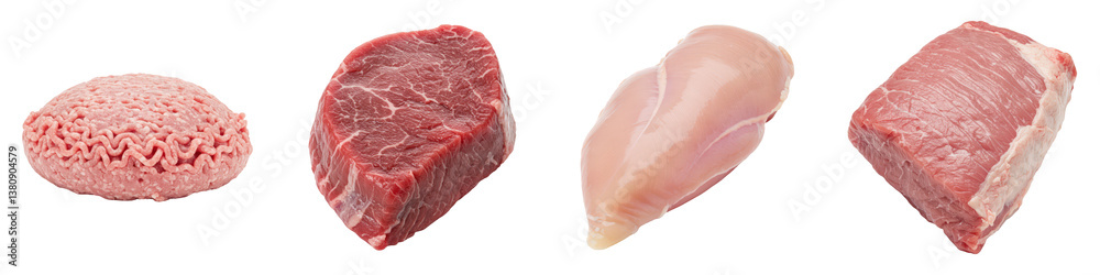 Raw Meat Selection Ground Meat, Beef Steak, Chicken Breast, Pork Loin. Raw Meat Selection Ground Meat, Beef Steak, Chicken Breast, Pork Loin.