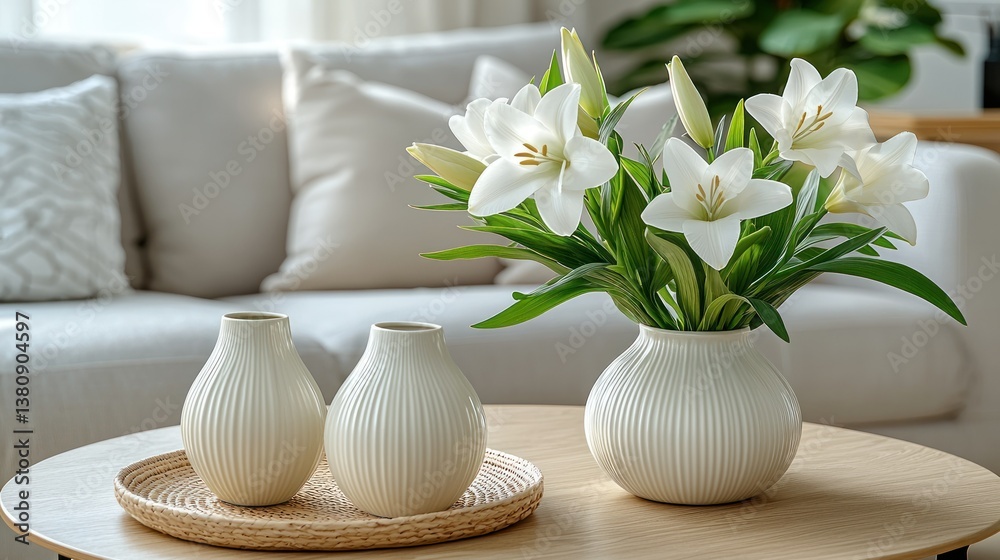 Elegant White Lilies in a Ceramic Vase on a Wooden Coffee Table Elegant White Lilies in a Ceramic Vase on a Wooden Coffee Table