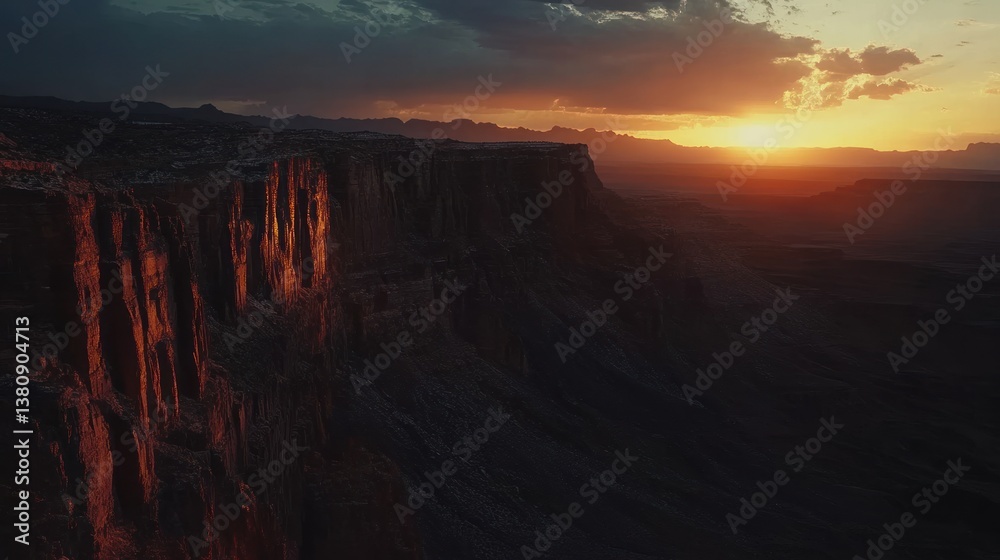 Majestic canyon landscape illuminated by a dramatic sunset light display