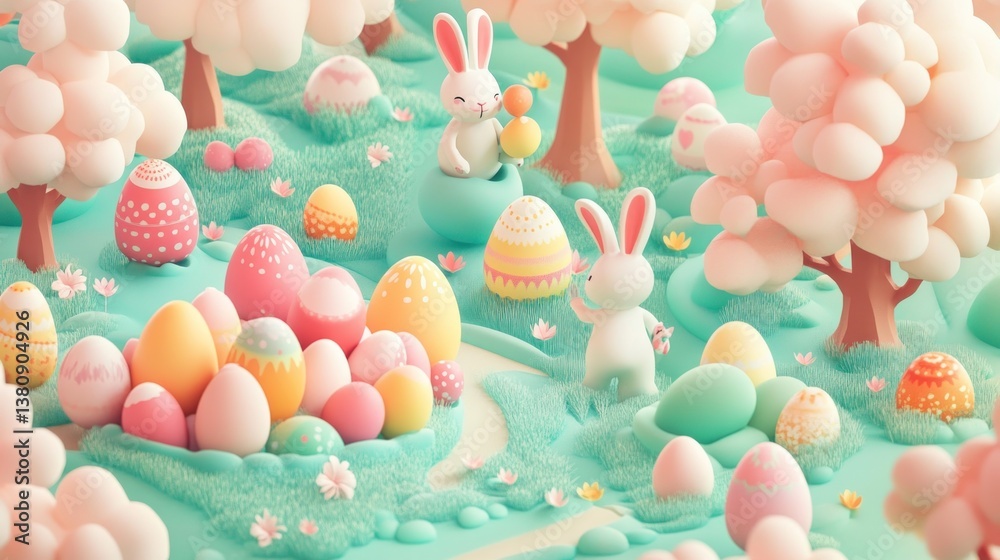 Whimsical Pastel Easter Orchard with Bunnies and Decorative Eggs in 3D Isometric Style