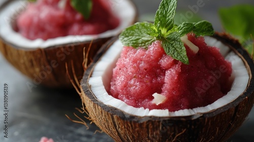 Obraz na płótnie Dairy-free raspberry sorbet served in a coconut shell with fresh mint leaves w salonie