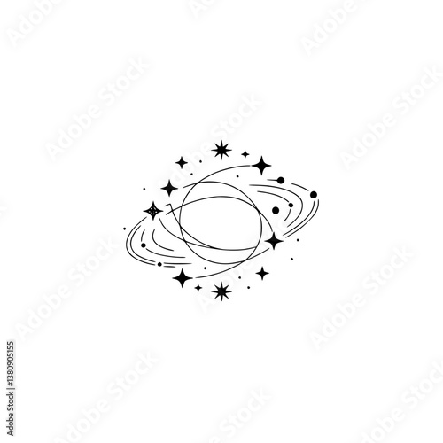 Minimalist Celestial Illustration: Planet & Stars on White Background