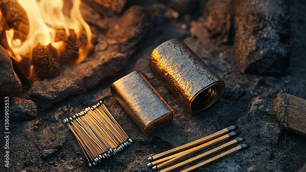 A collection of matches, a matchbox, and a lighter with a bonfire in the background.