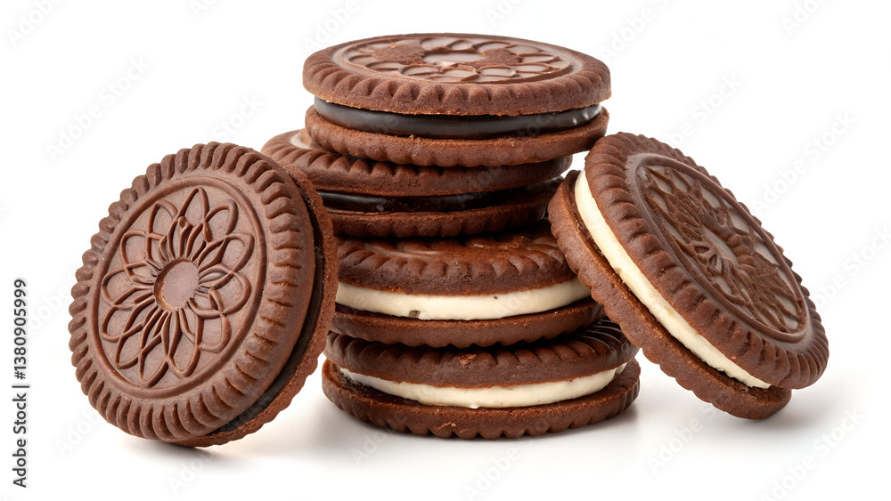 Delicious chocolate sandwich cookies with a smooth milk filling, isolated on a white background for crisp visual appeal Delicious chocolate sandwich cookies with a smooth milk filling, isolated on a white background for crisp visual appeal