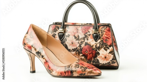 Pair of women shoes and handbag isolated over white
