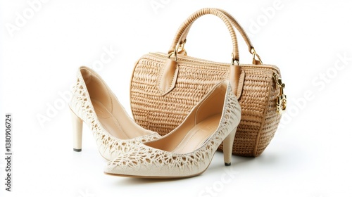 Obraz na płótnie Pair of women shoes and handbag isolated over white w salonie