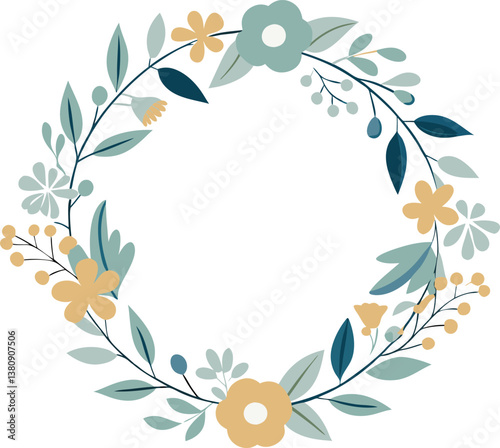 Elegant Floral Wreath Design Yellow, Blue, Green Flowers