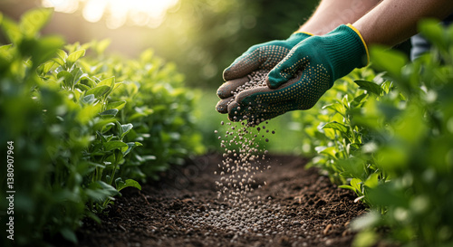 Hands in gloves spreading fertilizer pellets over soil in garden with green plants for gardening and agriculture