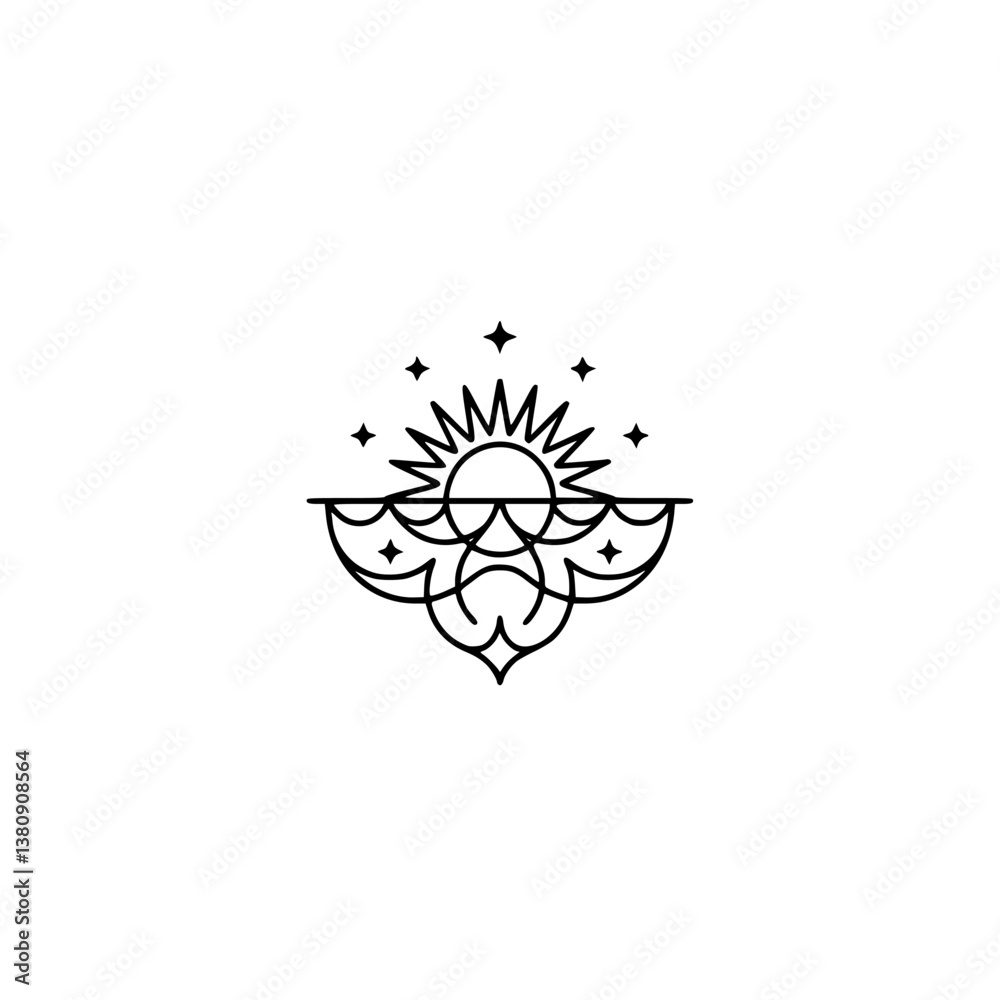 Obraz premium Minimalist Celestial Logo: Sun, Sea, and Stars, Line Art