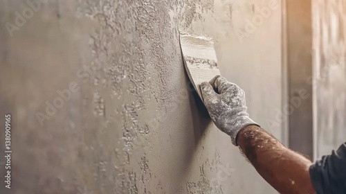 A construction worker smoothing plaster on a wall. Featuring technique and finesse