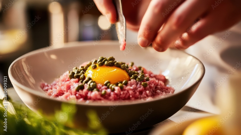 Chef meticulously prepares classic steak tartare, enhancing flavors with precision