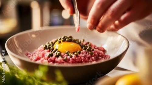 Obraz na płótnie Chef meticulously prepares classic steak tartare, enhancing flavors with precision w salonie