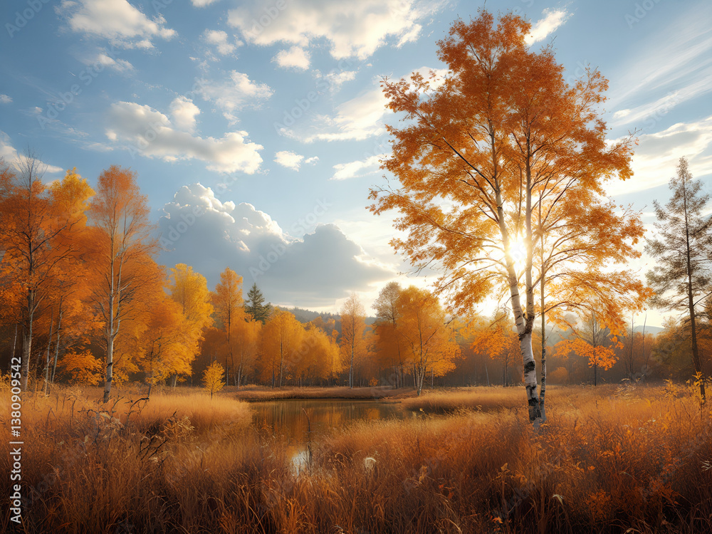 Misty Creek Amid Autumn Birch Trees,Generative AI Misty Creek Amid Autumn Birch Trees,Generative AI