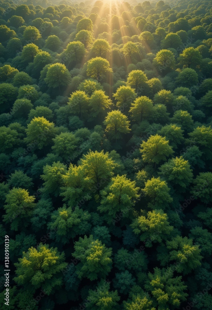 Fototapeta premium Dense emerald-green forest from a bird’s-eye view, with golden sun rays filtering through the canopy and birds gliding above the lush foliage Generative AI