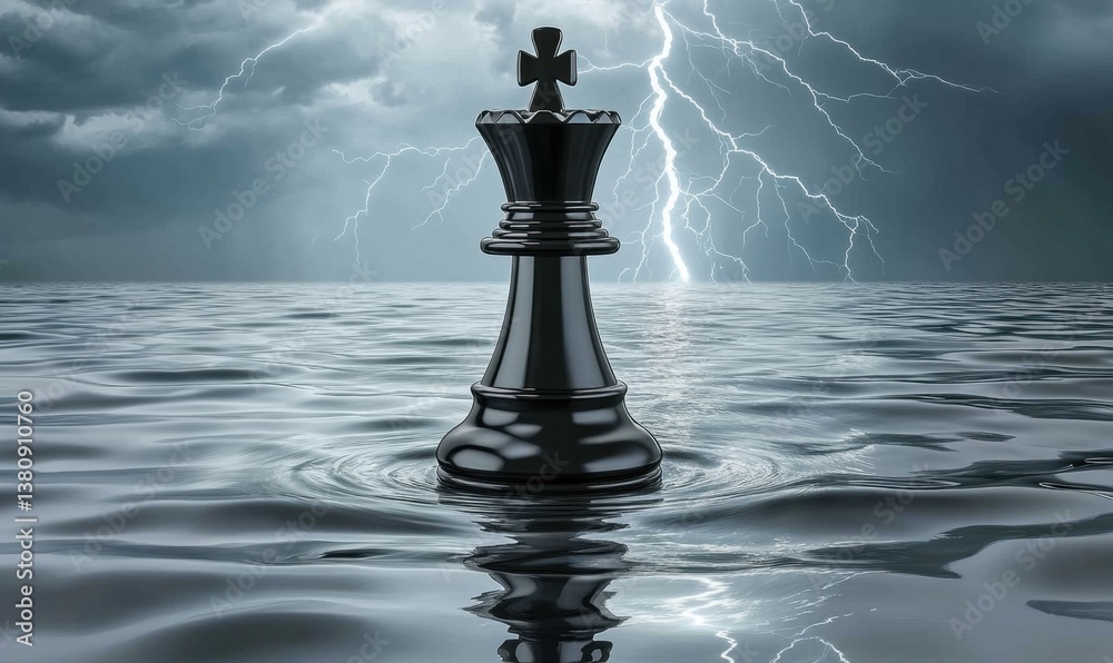 Naklejka premium Black chess king in stormy sea, lightning background, strategy concept