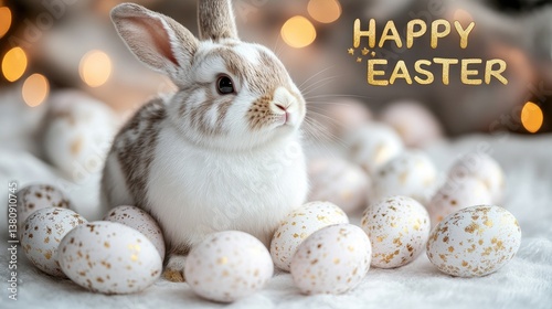 Illustration of Beige Easter Eggs and Bunny on a White Background with Golden Inscription 