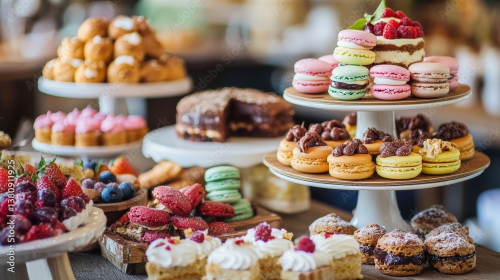 A visually stunning spread of desserts and pastries, colorful macarons, cakes, and cookies on a rustic table,