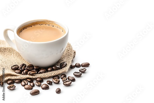 A steaming cup of creamy coffee, inviting warmth and comfort, nestled on burlap with scattered coffee beans, a simple yet elegant presentation.