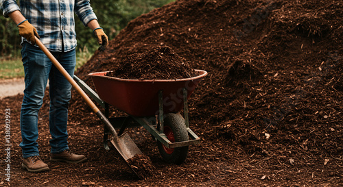 Wheelbarrow filled with mulch near man with shovel for gardening work outdoors. Gardener loads mulch into wheelbarrow for landscaping and yard work